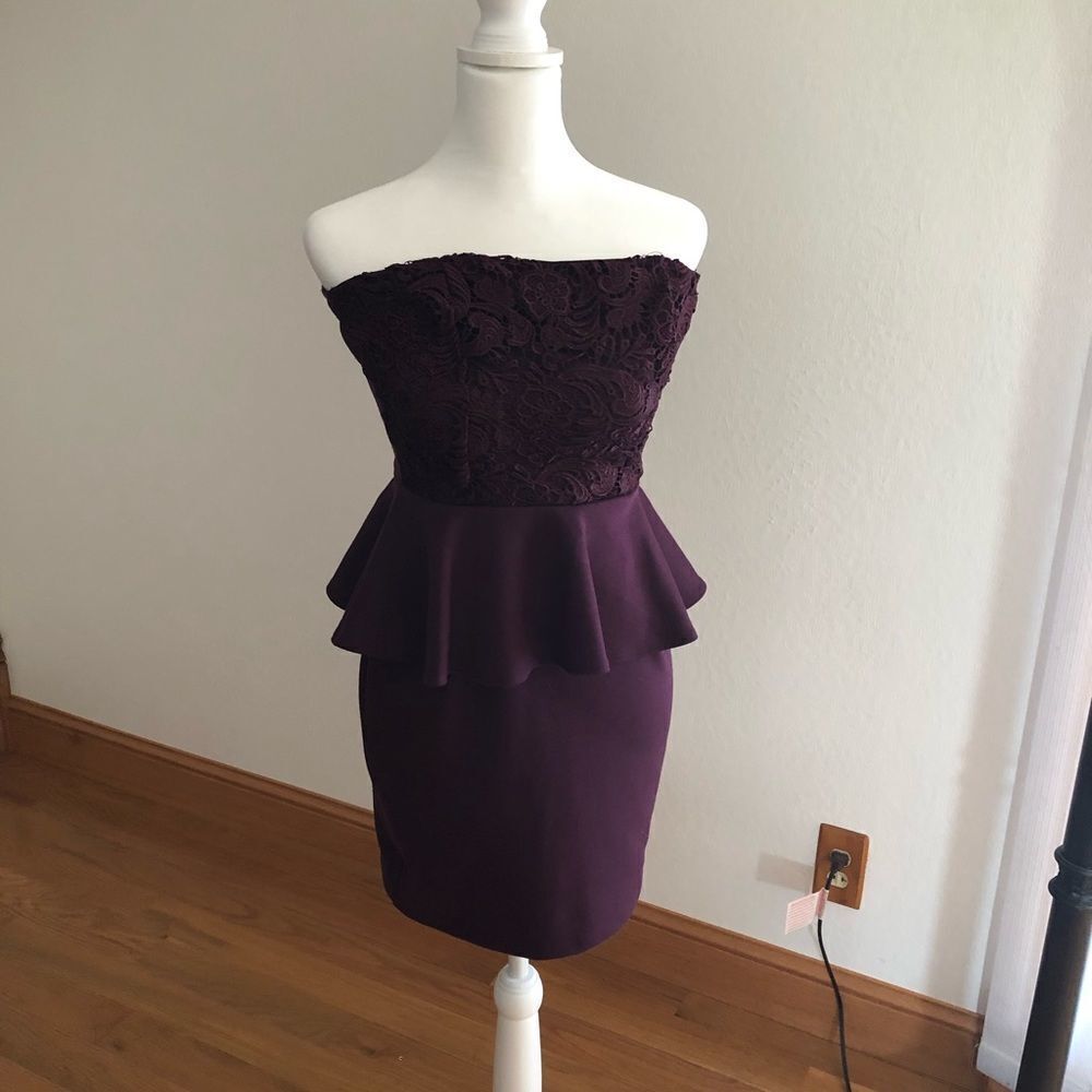 Plum colored strapless mini dress